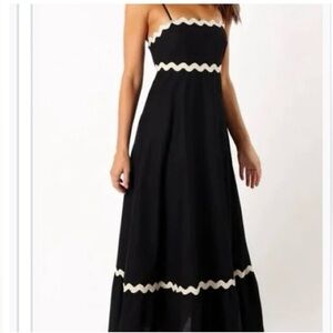 Cynthia Rowley black linen blend scalloped trim tiered maxi dress